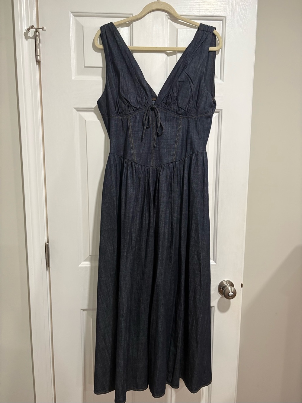 Denim Maxi Dress with V-Neck and Tie Front